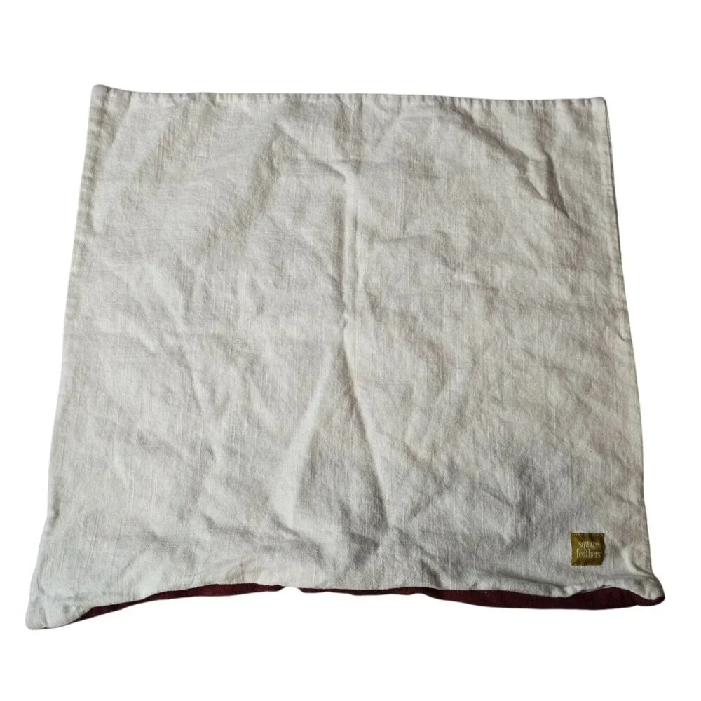 Square Feathers Linen Pillow Cover‎ With Red & White Ornamental Design 20x20